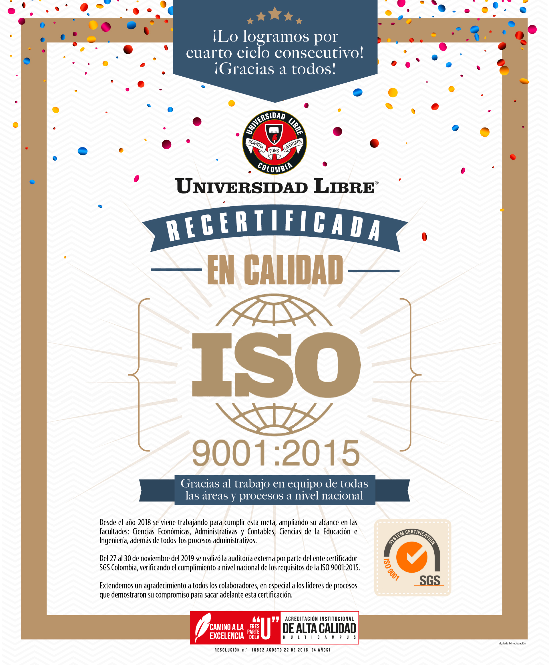 Unilibre recibe certificación de calidad ISO 9001:2015