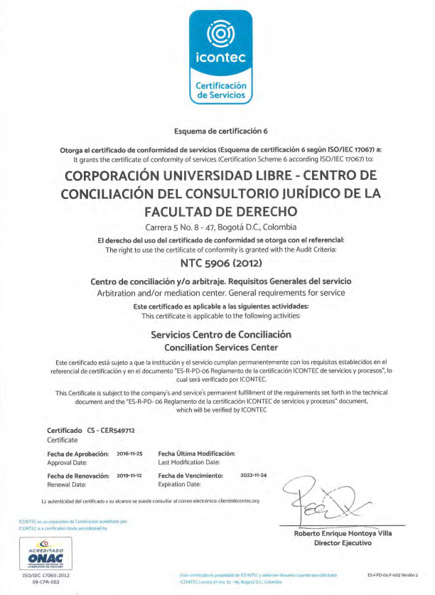Centro de Conciliación del Consultorio Jurídico Unilibre recibe certificación de Icontec