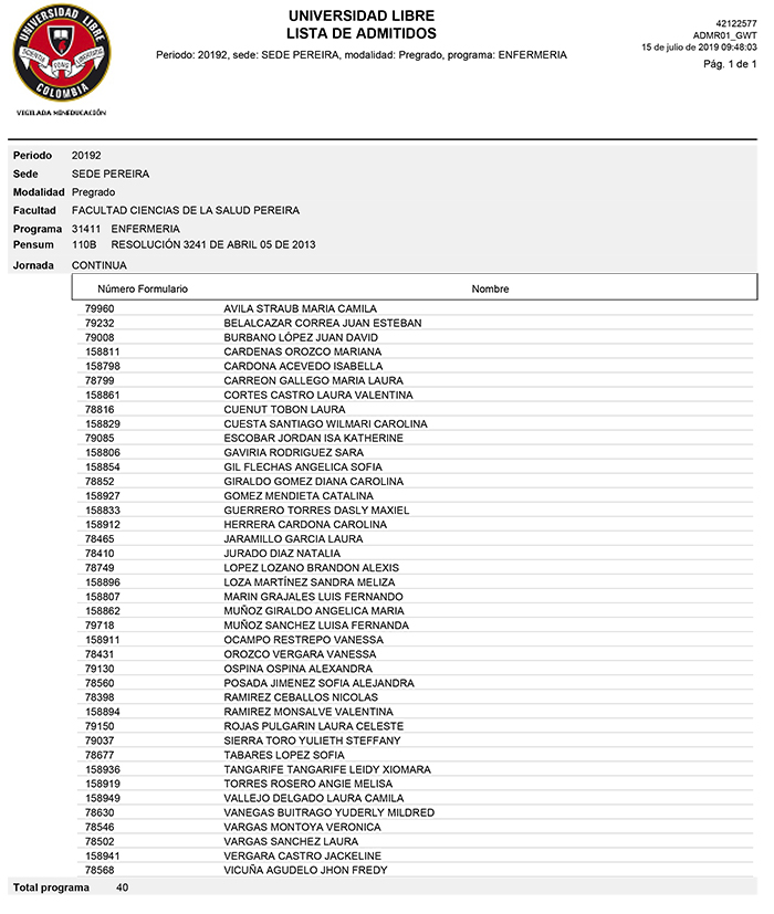 Lista de admitidos programa de Enfermería