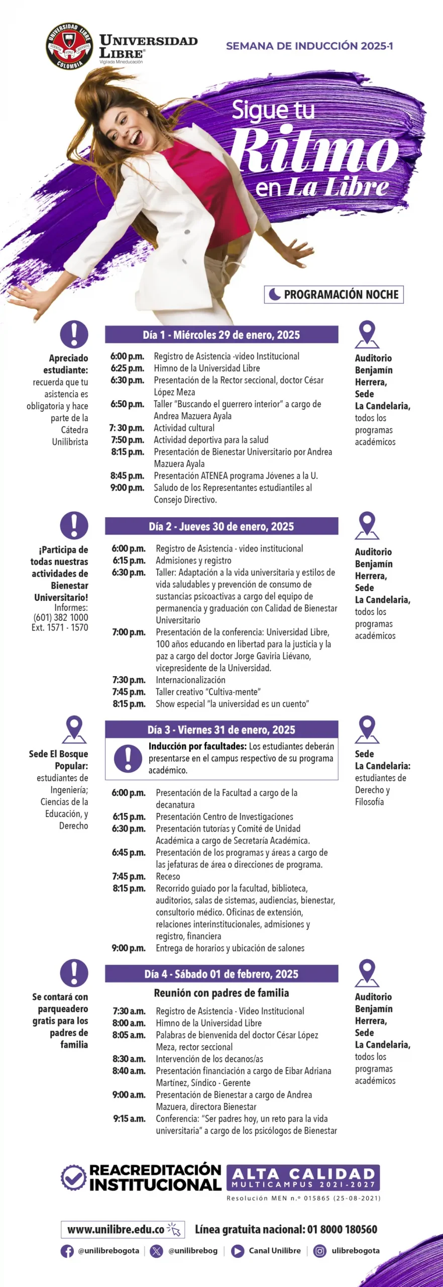 Horarios inducción en la noche, 29 enero a 1 febrero.