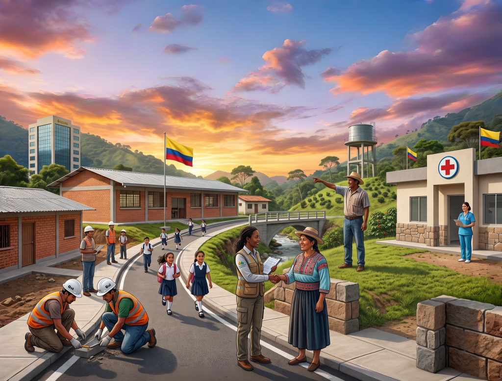 Imagen animada de comunidad colombiana conviviendo al rededor de obras sociales en construcción